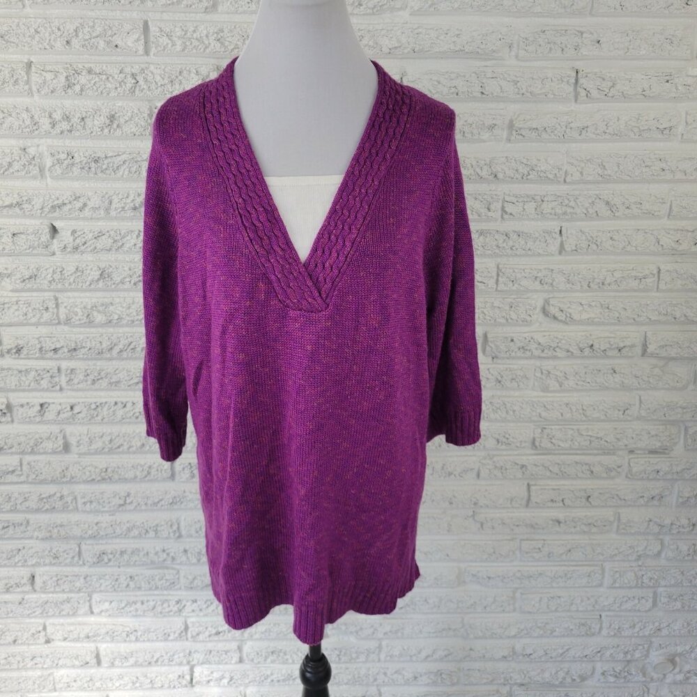 Catherines Sweater 0X 14W 16W Purple V-Neck 3/4 Sleeve‎ Solid Knit Plus PUR16E